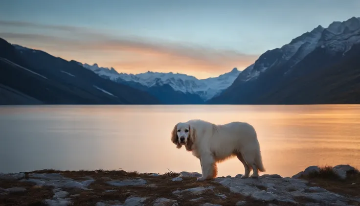 Long photo of a varied Albanian Albanian veterinarian, Cabelo branco estilizado como Salsicha, background is Glacier, at sunset, Foco suave, Luz, luz suave, F/8, Splash bege e azul marinho, Roda, extremely hyper aesthetic