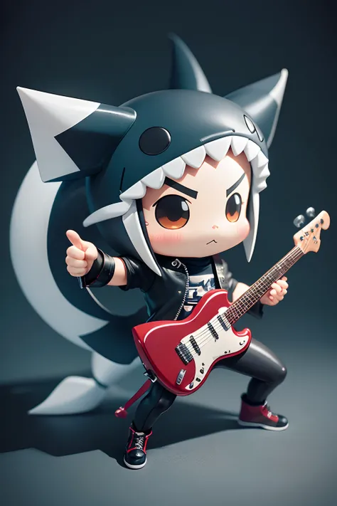 Create an image of a shark, like a chibi-style body, playing drums, like one made of leather and metal details, in anime style without a background