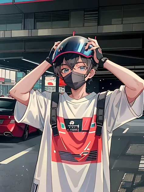 anime boy with helmet and goggles on in a city street, anime style 4 k, anime style. 8k, 2 0 2 2 anime style, 2022 anime style, high quality anime artstyle, modern anime style, style anime, anime style only, very modern anime style, anime artstyle, 4k anim...