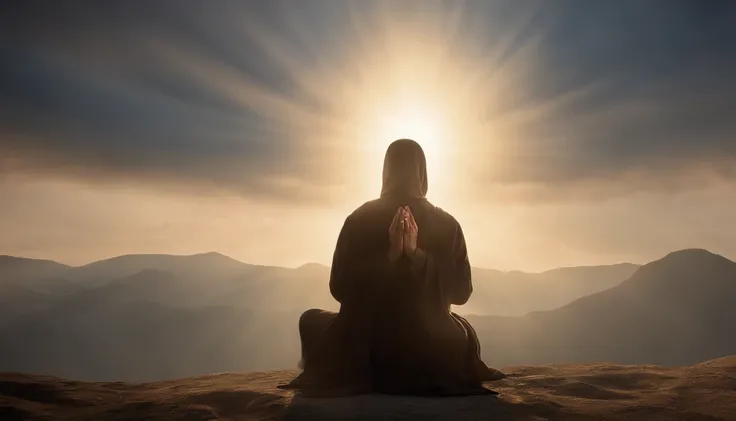 Imagine a high-resolution, photorealistic image that exquisitely captures a person genuinely praying. The person is kneeling with both hands carefully joined, in a gesture of deep devotion. The backlight is absolutely realistic, emanating from a celestial ...