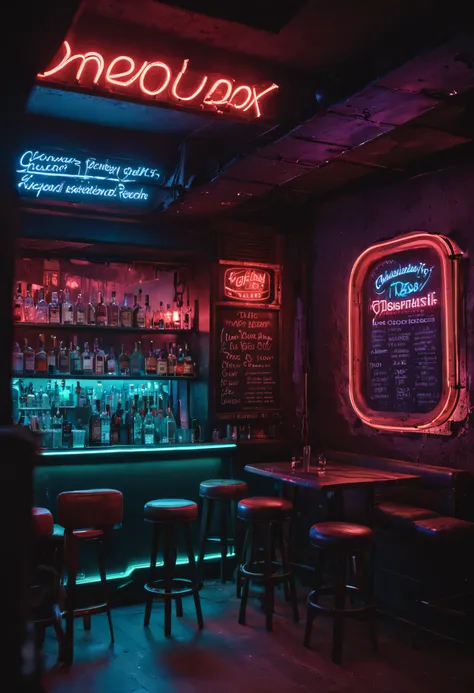 dimly lit bar with neon signs and stools in the dark room, bar de mergulho mal iluminado, very smoky cyberpunk paris bar, atmosfera escura cyberpunk neon, cyberpunk with neon lighting, vibe cyberpunk, blade runner vibes, cyberpunk lighting, ambiente neon, ...