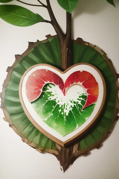 a heart of leaves with a tree in the center , clipart, white background, water color effect