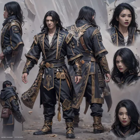 Full body male mage side 32K（tmasterpiece，k hd，hyper HD，32K）Long flowing black hair，Camping area，zydink， a color， Patriot side （canyons）， （Linen batik scarf）， Combat posture， looking at the ground， Linen bandana， Chinese python pattern long-sleeved garment...