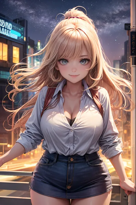 ((A beautiful and cute woman is changing her clothes)), ((A 22-year-old beauty)), ((A shy smile)), ((Long shiny hair)), ((A plump bust)), ((Miniskirt)), ((Blouse)), ((Gradient eyes)), ((The background is a night view of the city)), Attractive makeup, Singl...