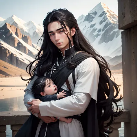 In the background are mountains, A young man, 18 years old named Men, black eyes, long hair, White, wearing a black tunic, Arms around a baby