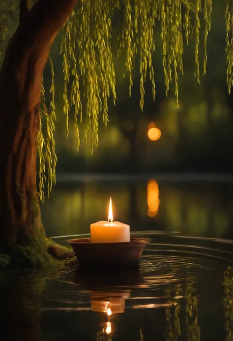 Nature, Willow Tree, magic, candle lights, Mysterious atmosphere, Maximum Quality, Nature, Without people, Weeping Willow, Detailed Leaves, There are no people