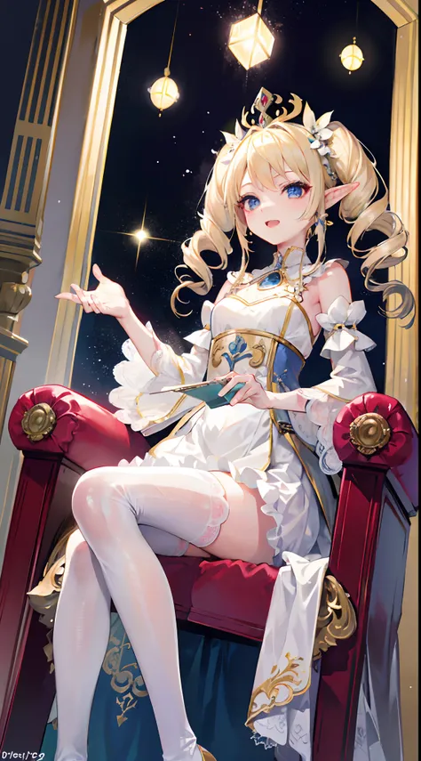 best qualtiy，tmasterpiece，超高分辨率，Elven Palace，(From below)，diadems，Elf long ears，Long white dress，1Blittle girl,(8 years old)，cinmatic lighting，(((twin drills))),blond hairbl，Blue eyes，Female imps，Laughing mockingly，sitting on an royal throne，Jirou legs，Lon...