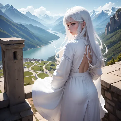 In the background are mountains, a beautiful girl name is Lisa, 18 year old with blue eyes, long white hair, wearing a white tunic is Turn your back