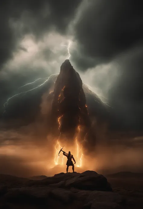 Zeus o lider dos deuses, furioso e de perto, standingn, nuvens, aponta para Prometheus, alta qualidade, 4k, cena de filme