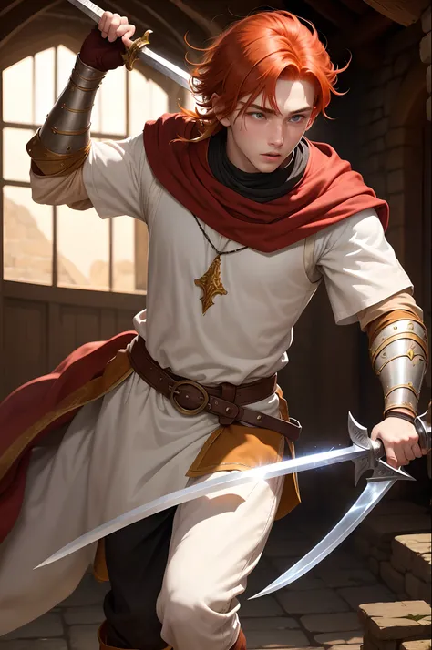 Boy 16 years old red hair grey eyes one strand of hair white. medieval garb. Fantasy style background. Guy training with a sword