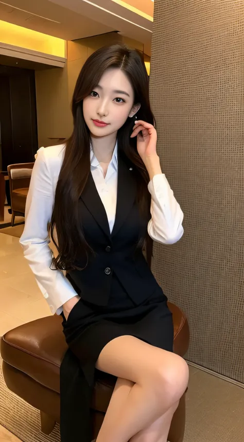 Tall and slender beauty、Beauty in suits、Colossal tits、undershirt、Cool beauty、Career woman、Japan beauties、modeled、tiese，Hotel lobby，holding chin in hand，sit on chair