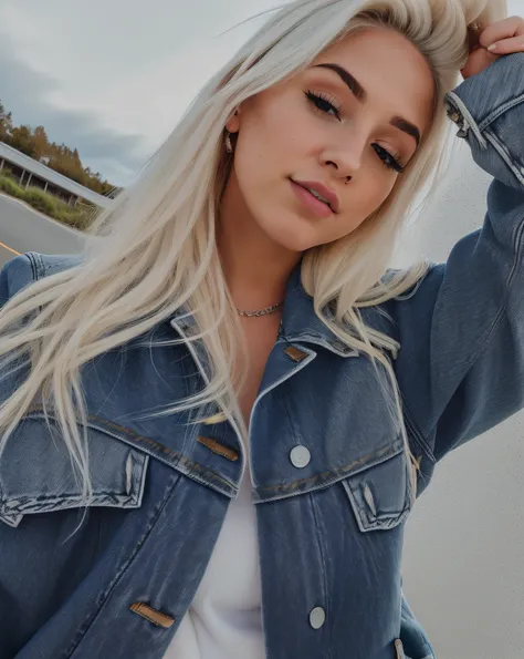 a close up of a woman with blonde hair wearing a denim jacket, perfect white haired girl, profile image, ava max, kailee mandel, profile pic, headshot profile picture, her hair is white, jean jacket, denim jacket, angelawhite, girl with white hair, profile...