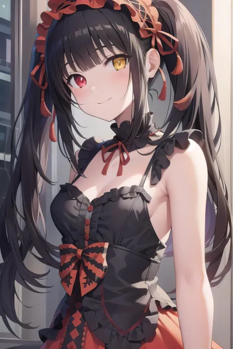 kurumitokisaki, tokisaki kurumi, clock eyes, black hair, twintails, (red eyes:1.2), (yellow eyes:1.3), heterochromia, (small breast:1.3), smile,
BREAK hairband, dress, bow, ribbon, gothic fashion, gothic, 
BREAK looking at viewer, 
BREAK outdoors, city, 
B...