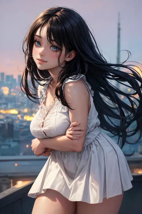 ((A beautiful and cute woman is changing her clothes)), ((A 22-year-old beauty)), ((A shy smile)), ((Long shiny hair)), ((A plump bust)), ((Miniskirt)), ((Blouse)), ((Gradient eyes)), ((The background is a night view of the city)), Attractive makeup, Singl...