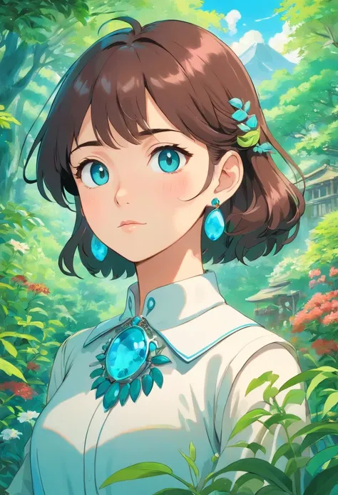 a girl wearing an anime collar, a long necklace and earrings, in the style of tranquil gardenscapes, colorful animation stills, masami teraoka, aquamarine, paul gauguin, Embry style, honest portrayal