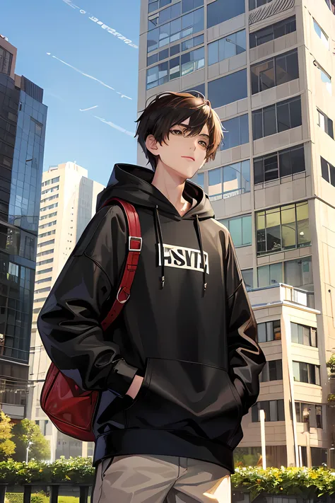 1 boy, black short hair, brown eyes wearing hoodie and plant ,modern buildings