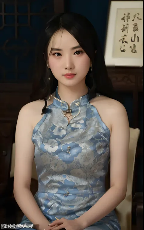 Close-up of a woman sitting in a chair wearing a necklace, in a blue qipao, wearing a blue qipao dress, Cheongsam, Chinese girl, Chinese woman, Chinese dress, Chinese style, Traditional Chinese clothing, gorgeous chinese models, dilraba dilmurat, Chinese t...