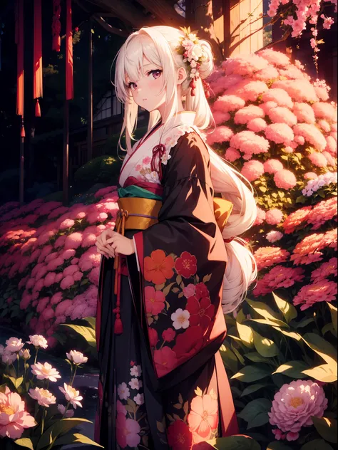 1 girl , standing in front of flowers hedge ,character focus , Japanese clothing, upper body ,high resolution,(incredibly absurdres),anime visual,extremely detailed CG unity 8k wallpaper, ((masterpiece)), ((top-quality)), (beautiful illustration), ((an ext...