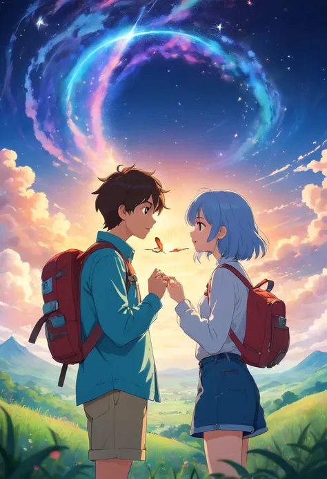 The vast starry sky, the beautiful skyline, the vast grassland, extremely tense and dramatic pictures, the moving visual effects, the high-hanging Polaris, and colorful natural light. A long-sleeved top, Denim shorts, And a girl with a backpack, long sleev...