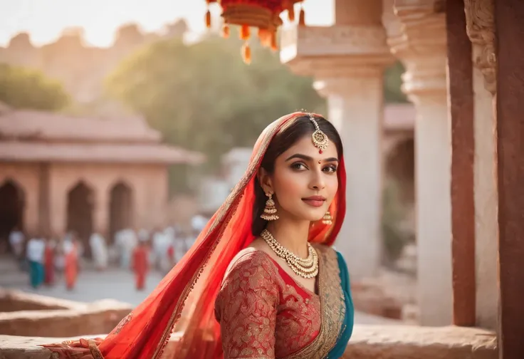 (best quality, highres, ultra-detailed, realistic:1.37), woman in typical Indian dress, blue gate in the background, half-length shot, sunny day, vibrant colors, detailed embroidery, intricate patterns, flowing fabric, traditional jewelry, elegant pose, na...