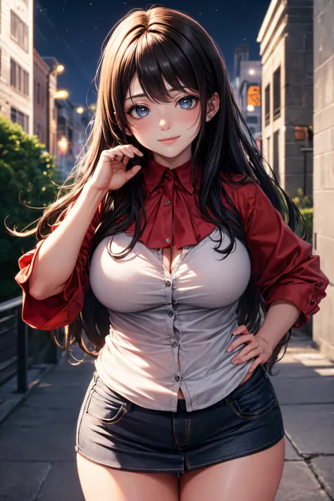 ((A beautiful and cute woman is changing her clothes)), ((A 22-year-old beauty)), ((A shy smile)), ((Long shiny hair)), ((A plump bust)), ((Miniskirt)), ((Blouse)), ((Gradient eyes)), ((The background is a night view of the city)), Attractive makeup, Singl...