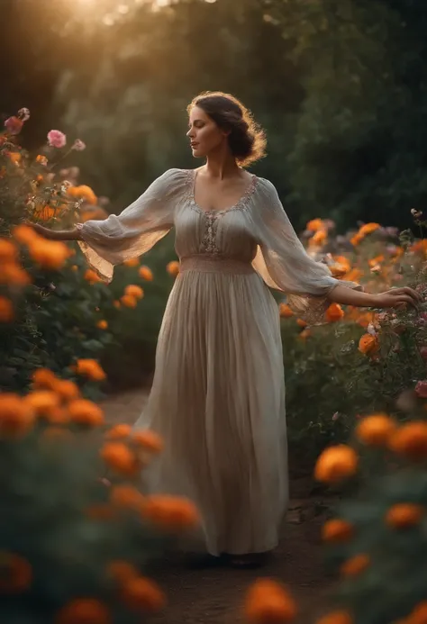 Em um jardim perfumado, The blind woman is standing with her arms outstretched, gently touching the petals of the flowers he finds, conectando-se com a natureza e as doces flores azuis.