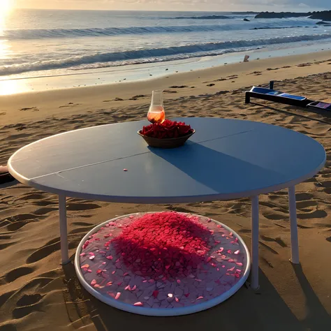 Praia ao por do sol com uma mesa na areia,  Rose petals scattered on the sand, um urso fofo sob a mesa, Glasses on the table and a wine on the table