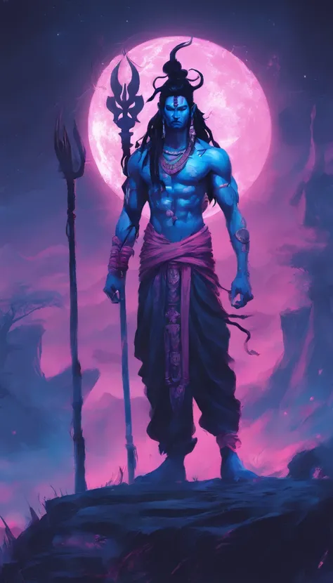 Blue skin，dreadlock hair，Male Lord Shiva，slender，pink there，a moon，，natta，lake