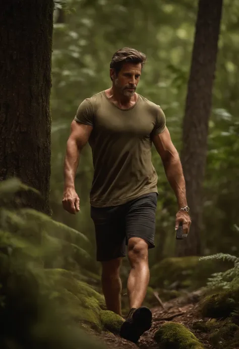 A full body of a handsome man standing in a forest, montanhas ao fundo Meio Ambiente da Natureza, montanhas, neve, corpo robusto e encorpado, Chelsed, corpo muito peludo, musculoso, wrinkles and muscles, Papai musculoso, papai muito gostoso, inspirado por ...