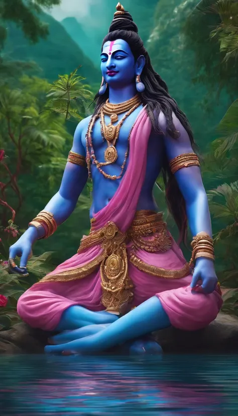 Blue skin，dreadlock hair，Male Lord Shiva，slender，pink there，，natta，Surrounded by lakes