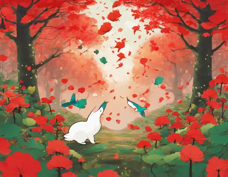 The photo shows the autumn forest，Red flowers and green leaves everywhere。Animals discuss how to celebrate birthdays in their homeland，A small swallow holds hydrangea petals and makes a five-star red flag，The little rabbit blows a balloon and hangs it on a...