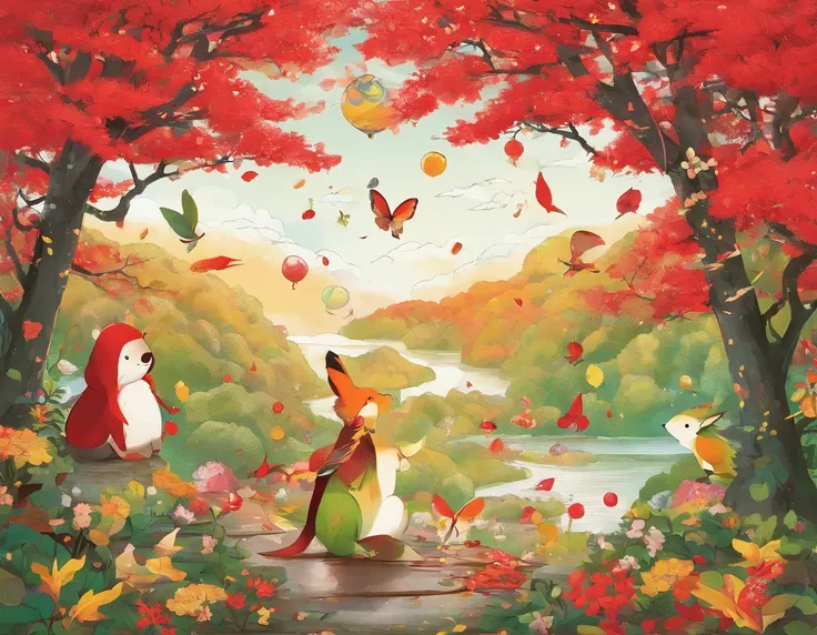 The photo shows the autumn forest，Red flowers and green leaves everywhere。Animals discuss how to celebrate birthdays in their homeland，A small swallow holds hydrangea petals and makes a five-star red flag，The little rabbit blows a balloon and hangs it on a...