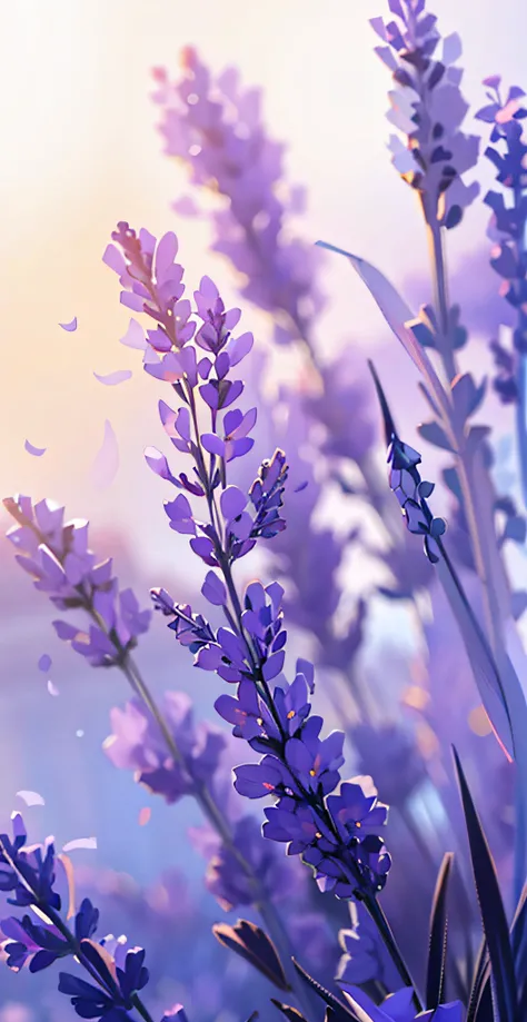 ((Best Quality, 8K, Masterpiece: 1.3)), lavender flowers are in a field with a sunset in the background, lavender flowers, lavender, lavender plants, soft purple glow, lavender blush, lilac sunrays, soft flowers, purple flowers, soft lilac skies, violet co...