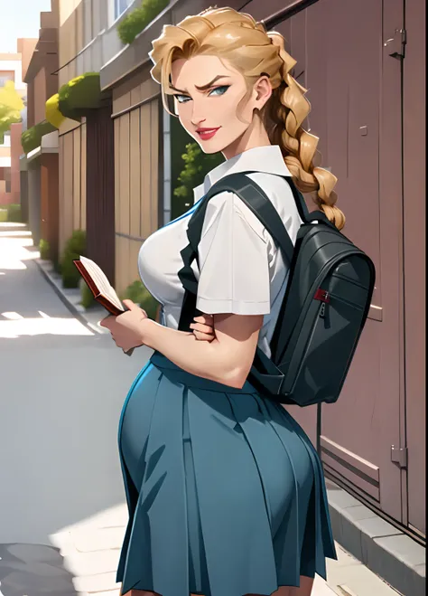 helga, large breasts, hair in braided ponytail, hair over shoulder, pregnant, evil smirk, wearing school uniform, backpack, hold...