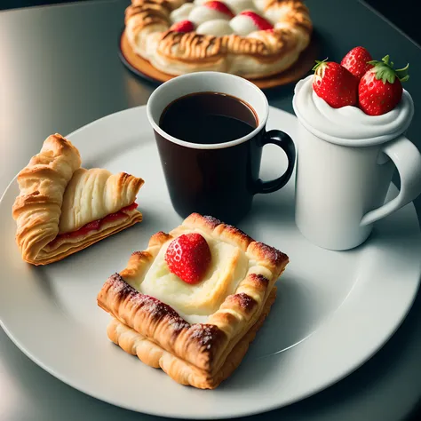 ((Best quality, 8k,no people, no human, food photography, a cup of coffee beside puff pastry and strawberry as decoration