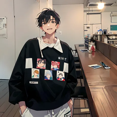 anime - style image of a man standing in a restaurant with a table and chairs, young anime man, in an anime style, male anime style, handsome anime pose, in anime style, high quality anime artstyle, anime style 4 k, 2022 anime style, 2 0 2 2 anime style, a...