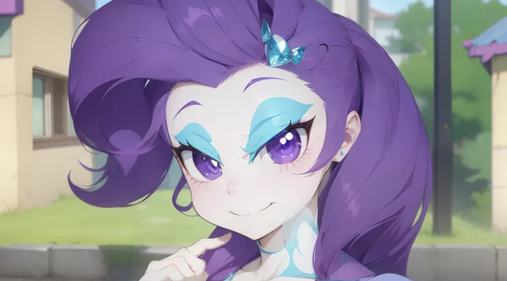 a close up of a cartoon pony with purple hair and a blue dress, nefarious smirk, purple eyes and white dress, equestria, giddy smirk, she has a diamond eye, her hair is in a pony tail, changelingcore, dramatic smirk pose, proud smirk, glomy, mlp, confident...