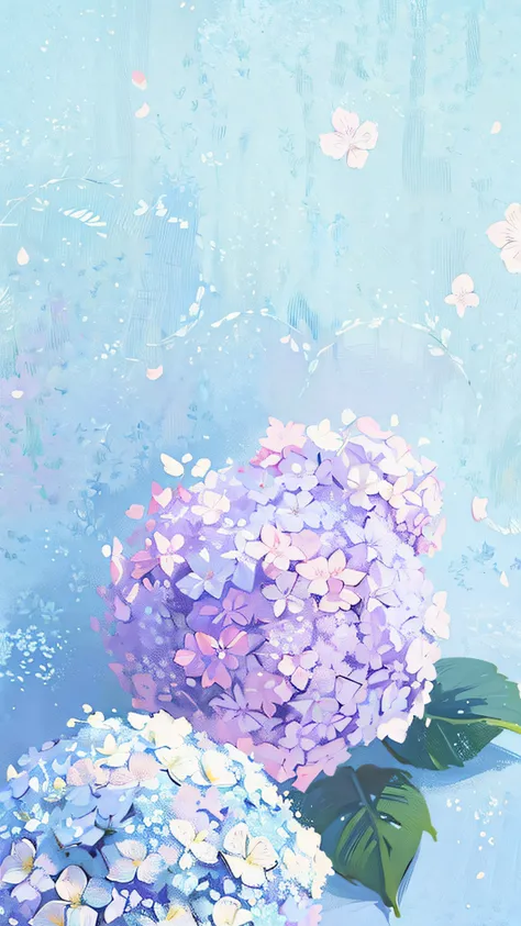 ((Best Quality, 8K, Masterpiece: 1.3)), there are two purple and white flowers in a vase on a table, deity of hydrangeas, hydrangea, pastel colored, in pastel colors, beautiful image, lilac, pastel flowery background, flowers in background, soft flowers, p...