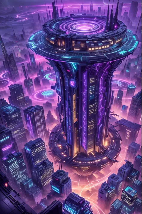 image of an otherworldly city, a futuristic city, a giant high tech pillar pierce the sky, on the body of the pillar countless o...