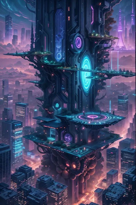 image of an otherworldly city, a futuristic city, a giant high tech pillar pierce the sky, on the body of the pillar countless o...