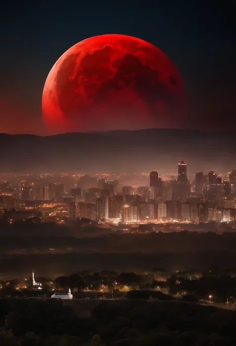 Masterpiece, (Perfect Quality), (Red & White),In a flat landscape, (1 moon), (Giant Night Metropolis), (Huge red moon), mist