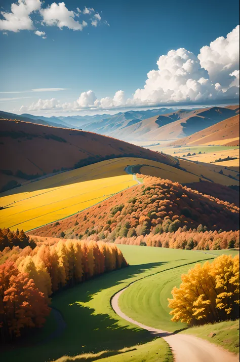 a photographic quality aerial view of a country landscape with sweet hills lit by sunrise light. Its autumn and many trees have red and yellow leaves, but there are also trees that still have green leaves. here and there, there are small farms. theres a wi...