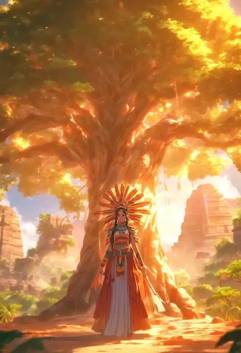 (((a beautiful tree)))best quality, ultra-high resolution, 4K detailed CG, master piece,Xquic, woman,Mayan clothing,Mayan mythology,under a tree, desert, sunlight,((tree) ) Mexico, aesthetics, Beautiful image, centered on the screen