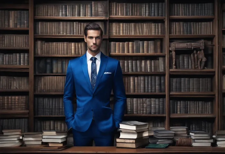 Wallpaper of a blue suit with a tie placed in a bookstore where there are business books , Realstic , sans humain mais juste le costume bleu et les livres