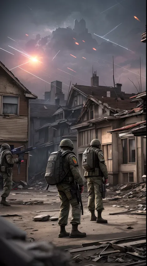 High quality, 8k movie, highly detailed alien monsters and advanced technology in a post-apocalyptic cityscape, in the distance there are a few other alien monsters shooting at soldiers using laser guns, gloomy colors of the picture, ruined urban areas, di...