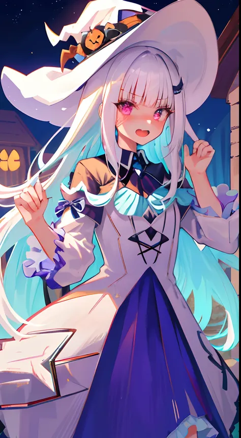 One girl with long hair, white hair, looking at viewer, embarrassed, blushing, night, haloween dress, fang, open mouth, witch hat, trick or treat!