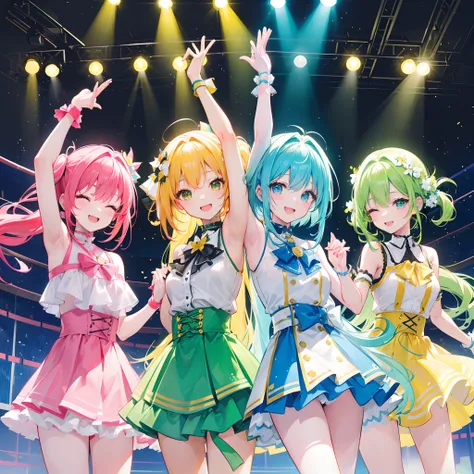 5 girls, idol group, (jumping), closed eyes, (smiling) (holding hands), raising hands in the air, short pink hair, long yellow pony tail, long light green hair, long red twintail, long blue hair, idol costume, big smile, (colouful concert stage view), ultr...