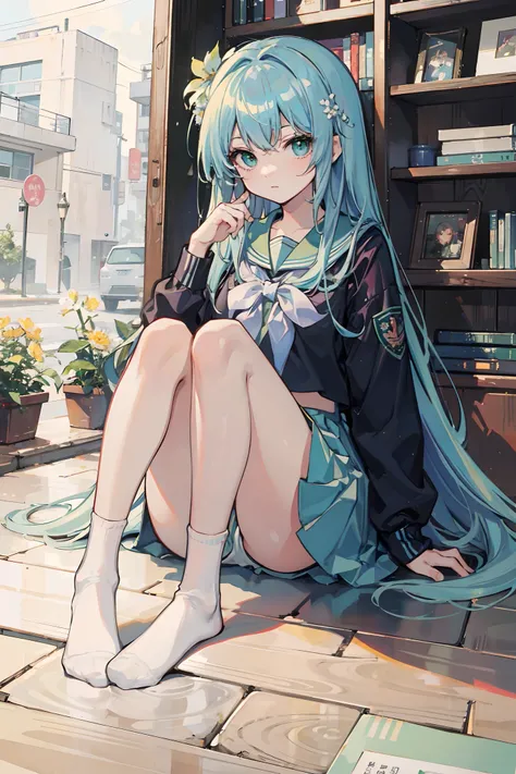 masterpiece, best quality, bishoujo, long hair, light blue hair, green eyes, seifuku, socks, hair flower,