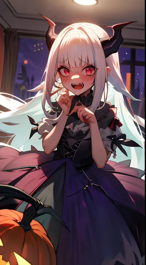 One girl with long hair, white hair, looking at viewer, embarrassed, blushing, indoor, night , haloween dress, vampire dress, vampire teeth, big fangs, horn, open mouth, trick or treat!