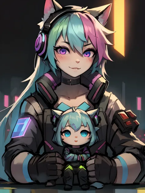 Cyberpunk girl with pink long hair，Q version，（toddlers，Baby）， adolable， cyberpunked， Cat Ear Headphones、Master masterpieces， hight resolution，8K，detailedbackground，hightquality，（（（独奏））），Brighten the background、brilliance、looking at viewert，Iridescent color...